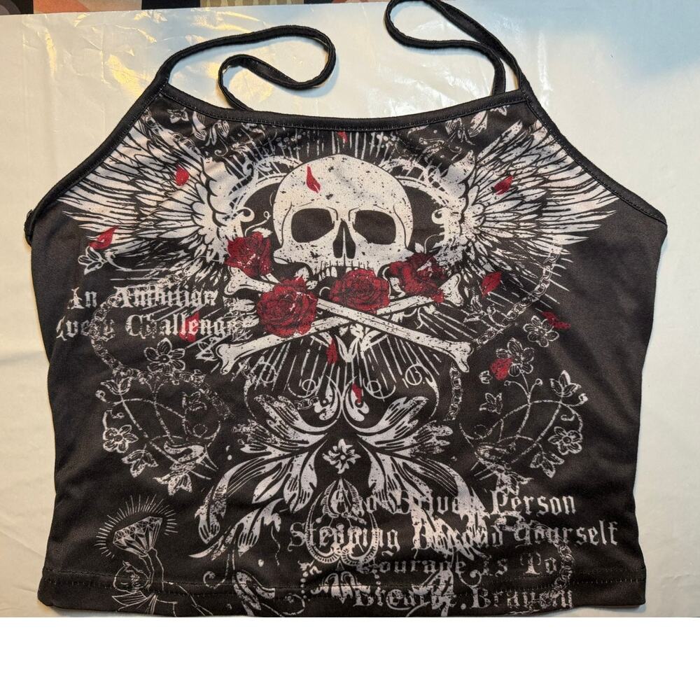 Skull Roses Wings Graphic Cami Crop Top Black Red Goth XS